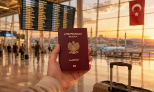 Pasport polski w dłoni na tle lotniska z flagą Turcji. Czy do Turcji potrzebna jest wiza?