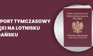 Paszport tymczasowy z orłem na okładce, dostępny na lotnisku w Gdańsku.