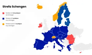 Mapa Europy z zaznaczoną strefą Schengen. Kolory wskazują, które kraje UE wydają wizy, a które nie, oraz kraje spoza UE w strefie Schengen.