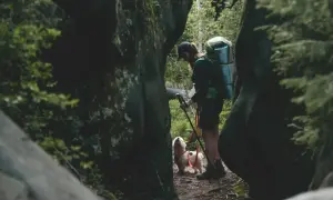 Wędrowiec z psem przemierza skalistą ścieżkę. W tle widać zalesione zbocza, tworzące malowniczą Lisia Przełęcz.