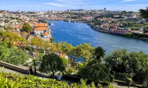 Widok na rzekę Douro i malownicze, kolorowe domy Porto. W oddali widać panoramę miasta, a na pierwszym planie zielony park.