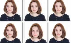 Sześć identycznych zdjęć do paszportu młodej kobiety z rudymi włosami i naszyjnikiem.