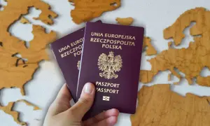 Dwa polskie paszporty w dłoni na tle mapy Europy. Zastanawiasz się, ile kosztuje paszport?