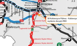 Mapa drogowa Dolnego Śląska z zaznaczonymi drogami S3, S5, S8 i A8. Widać m.in. Wrocław, Wałbrzych, Świdnicę, Legnicę i Opole. Wyróżniono odcinek S8 Kobierzyce Północ - Kobierzyce Południe.