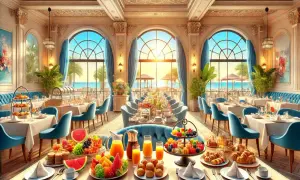 Elegancka restauracja z widokiem na morze, stoły zastawione owocami, ciastkami i sokami. Idealne miejsce na posiłek w opcji half board plus.