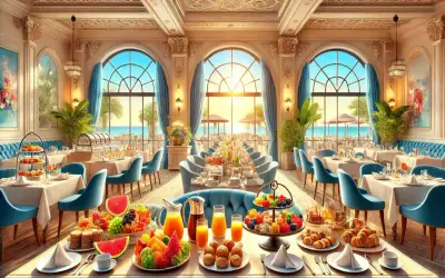 Elegancka restauracja z widokiem na morze, stoły zastawione owocami, ciastkami i sokami. Idealne miejsce na posiłek w opcji half board plus.