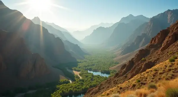 Oman: Dolina z zielenią i jeziorami, otoczona górami. Słońce przebija się przez mgłę, tworząc magiczny widok. Czy jest bezpiecznie? Tak, to piękny krajobraz.