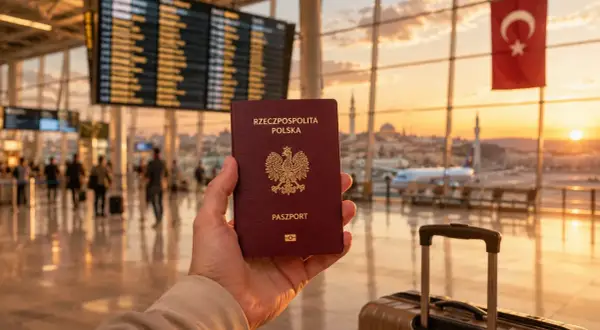 Pasport polski w dłoni na tle lotniska z flagą Turcji. Czy do Turcji potrzebna jest wiza?