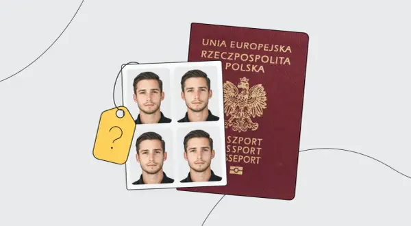 Zastanawiasz się, ile kosztuje zdjęcie do paszportu? Obok polskiego paszportu widać cztery identyczne zdjęcia twarzy i żółtą metkę z pytajnikiem.