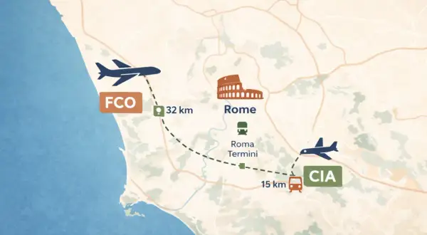 Mapa pokazuje trasę z lotniska Fiumicino (FCO) do Rzymu (32 km) i dalej do lotniska Ciampino (CIA) (15 km).