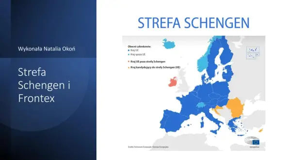 Mapa Europy z zaznaczonymi krajami strefy Schengen. Kolory wskazują kraje UE, spoza UE, poza strefą oraz kandydujące.