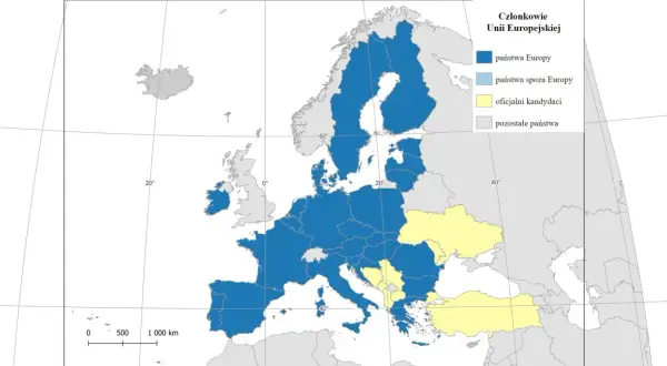Mapa Europy z zaznaczonymi krajami UE. Czy Bułgaria jest w Unii Europejskiej? Tak, jest zaznaczona na niebiesko.