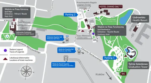 Mapa Kopalni Soli w Wieliczce. Wskazuje wejścia na trasy, parkingi, kasy biletowe i atrakcje.