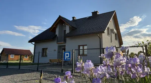 Piękne irysy kwitną przed domem w Ochabach Wielkich. W tle widać drugi budynek i parking.