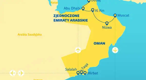 Mapa podróży po Zjednoczonych Emiratach Arabskich i Omanie. Trasa obejmuje Dubaj, Abu Zabi, Al Ain, Nizwę, Maskat, Salalah, Taqa i Mirbat.