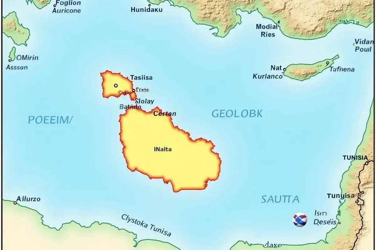 Mapa pokazuje, gdzie leży Malta, wyspa na Morzu Śródziemnym, między Włochami a Tunezją.