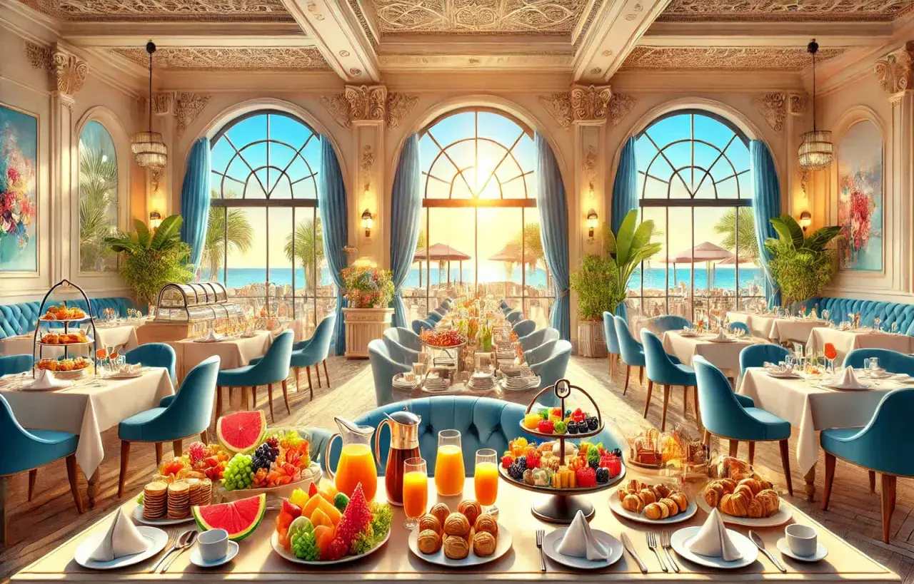 Elegancka restauracja z widokiem na morze, stoły zastawione owocami, ciastkami i sokami. Idealne miejsce na posiłek w opcji half board plus.