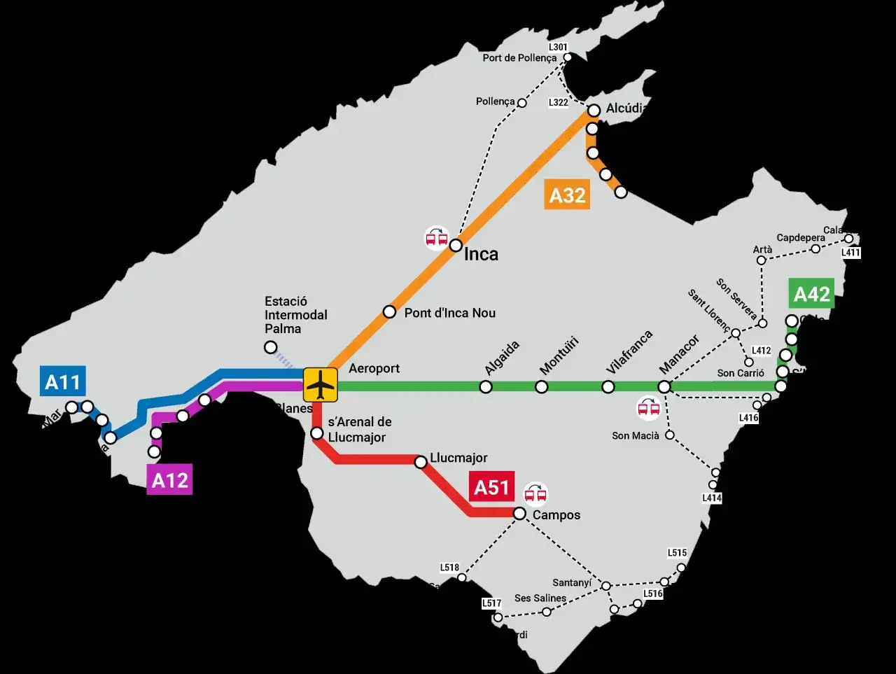 Mapa dróg i linii kolejowych Majorki. Widoczne lotnisko, Palma, Inca, Alcúdia i inne miejscowości.