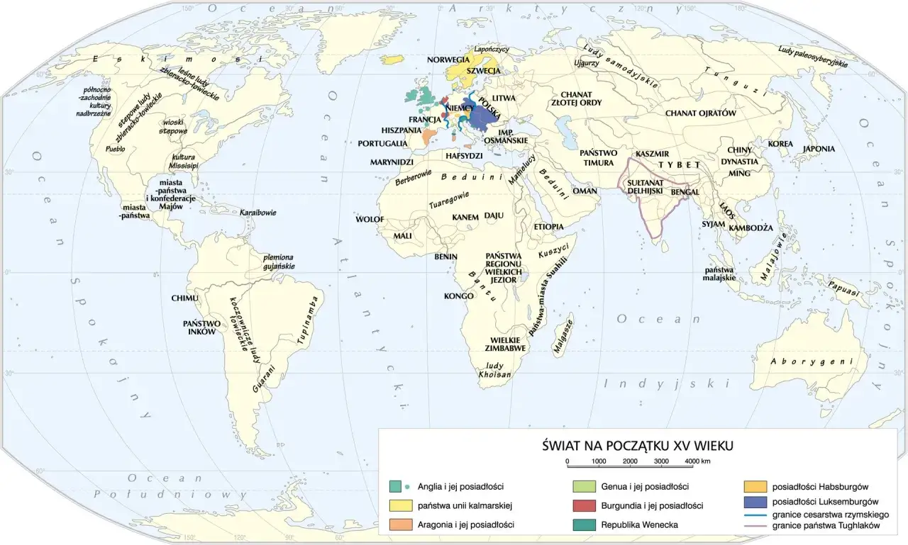 Mapa świata z XV wieku, pokazująca państwa, ludy i kultury. Widać tu m.in. Polskę, Litwę, Inflanty, Imperium Osmańskie, Chiny, a także Amerykę i Afrykę.