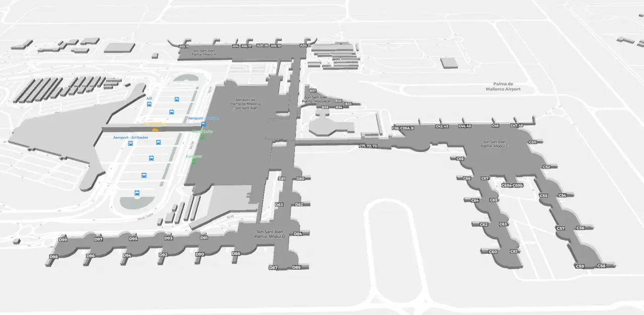 Plan lotniska Majorka (Palma de Mallorca Airport) z podziałem na moduły A, B, C, D i bramki.