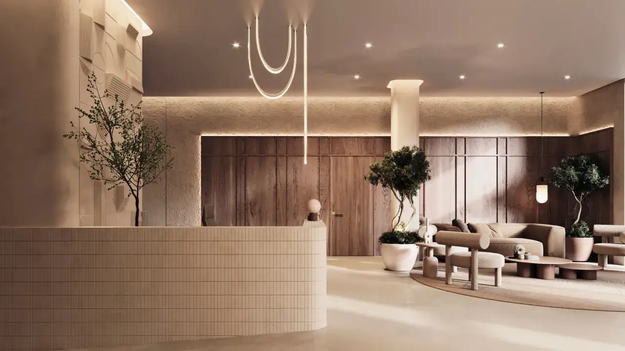 Eleganckie wnętrze hotelu 5 gwiazdkowego z recepcją, wygodnymi sofami i designerskim oświetleniem.