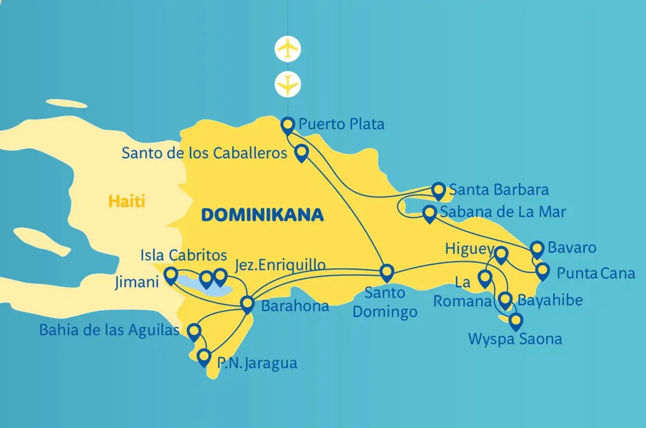 Mapa Dominikany z zaznaczonymi miastami i trasami. Zastanawiasz się, ile się leci na Dominikanę?