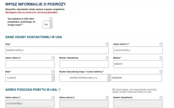 Formularz do wypełnienia w celu uzyskania wizy do USA. Dane kontaktowe i adres pobytu w Stanach Zjednoczonych.