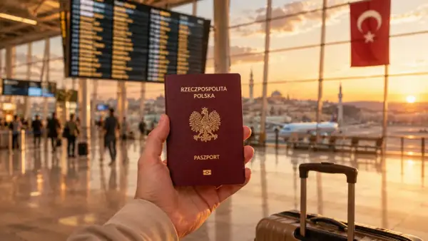 Pasport polski w dłoni na tle lotniska z flagą Turcji. Czy do Turcji potrzebna jest wiza?
