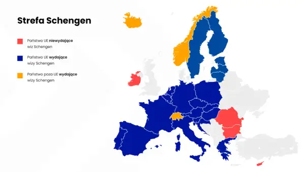 Mapa Europy z zaznaczoną strefą Schengen. Kolory wskazują, które kraje UE wydają wizy, a które nie, oraz kraje spoza UE w strefie Schengen.