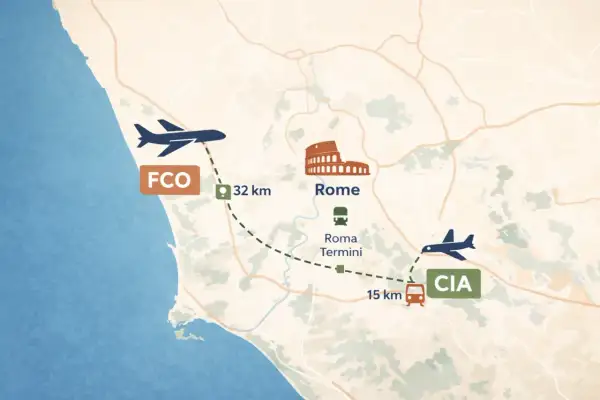 Mapa pokazuje trasę z lotniska Fiumicino (FCO) do Rzymu (32 km) i dalej do lotniska Ciampino (CIA) (15 km).