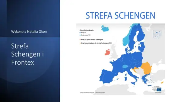 Mapa Europy z zaznaczonymi krajami strefy Schengen. Kolory wskazują kraje UE, spoza UE, poza strefą oraz kandydujące.