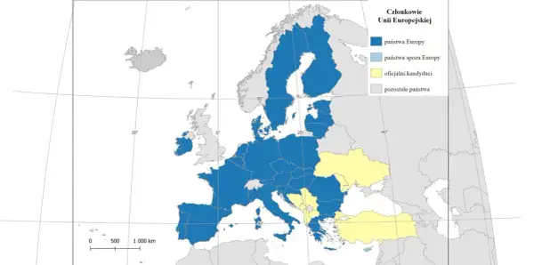 Mapa Europy z zaznaczonymi krajami UE. Czy Bułgaria jest w Unii Europejskiej? Tak, jest zaznaczona na niebiesko.